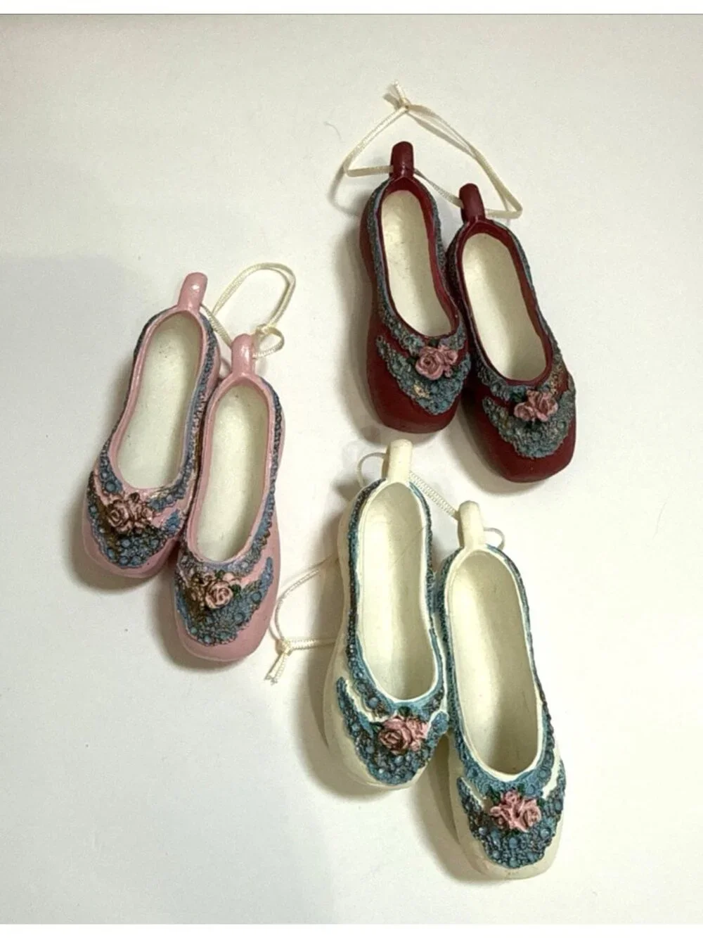 Lot of 3 Hanging Ballet Shoe Christmas Ornaments Floral Multicolor Vintage